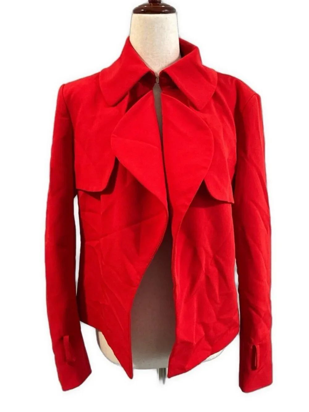 Anne Klein Women’s Solid Red Waterfall Ruffle Long Sleeve Jacket Blazer 6 Small